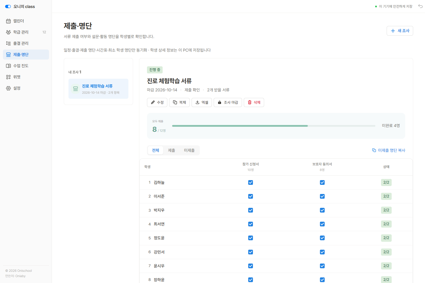 Document submission tracker with individual checkboxes and completion totals