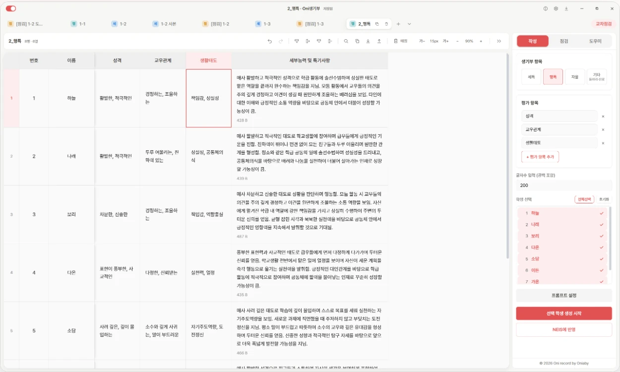 Oni Record window: a table of students with keyword columns, the finished record in the last column, and the Write sidebar on the right